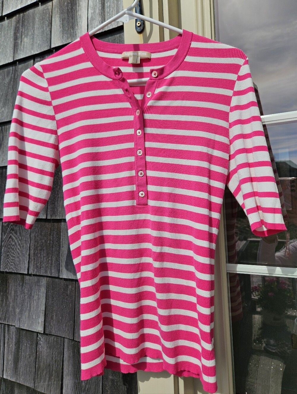 Michael Kors Pink & White Striped Short-Sleeve Henley Top - Size M